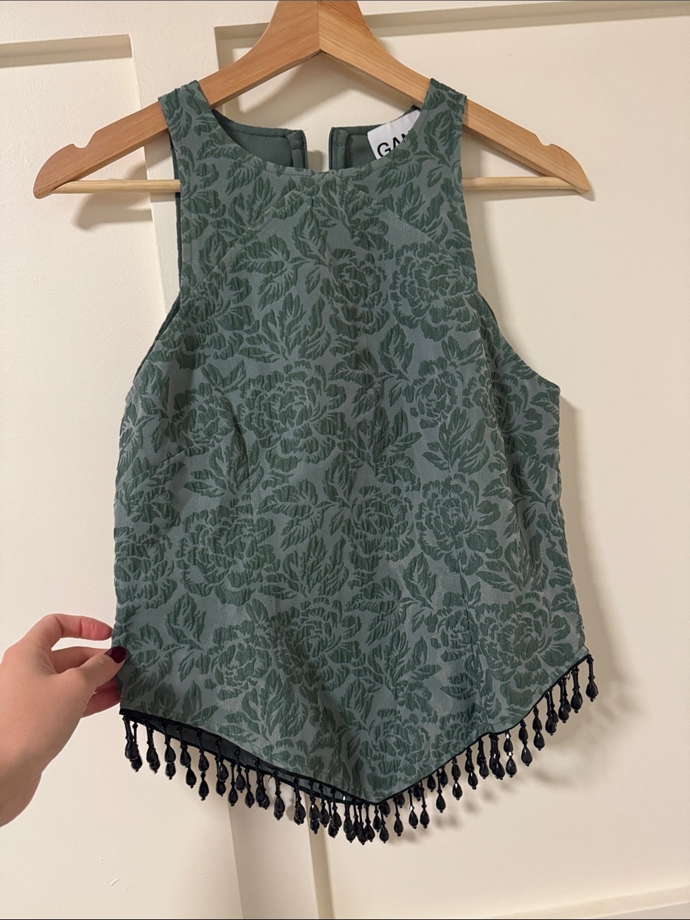 GanniSage Green Floral Jacquard Crop Tank with Black Tassel Hem